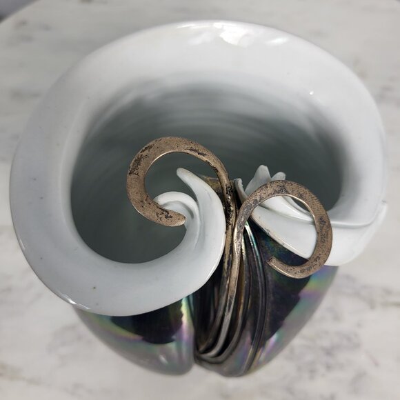 STUNNING VINTAGE IRIDESCENT STERLING SILVER FOLD OVER POTTERY CERAMIC VASE DISH - Picture 15 of 16